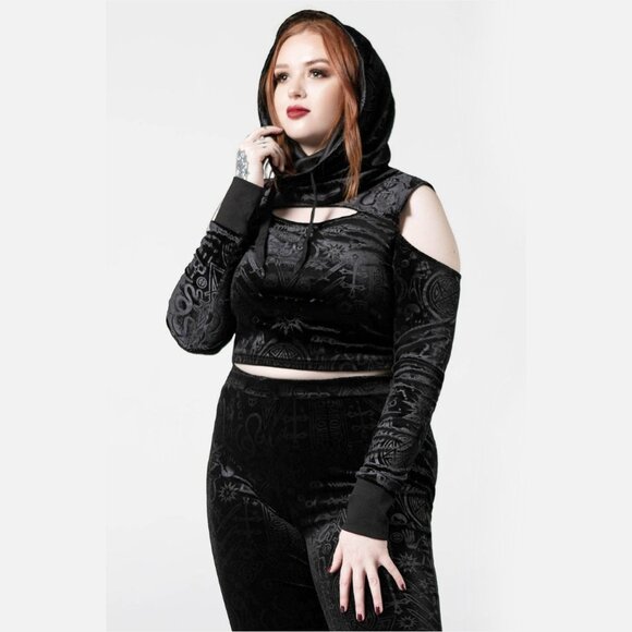 Killstar ✦ Lowkey Velvet Hooded Crop Top ✦ Cold Shoulder Gothic Cutout L NWT - Picture 4 of 8